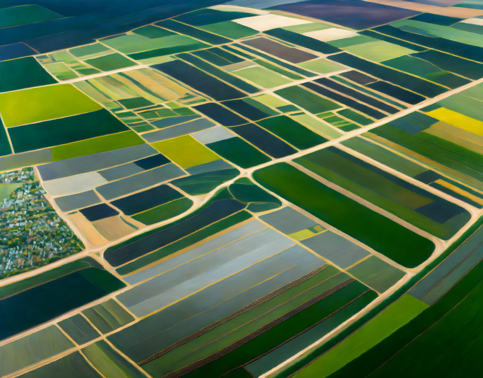 Patchwork of Agricultural Fields in Green, Brown, and Yellow with Township