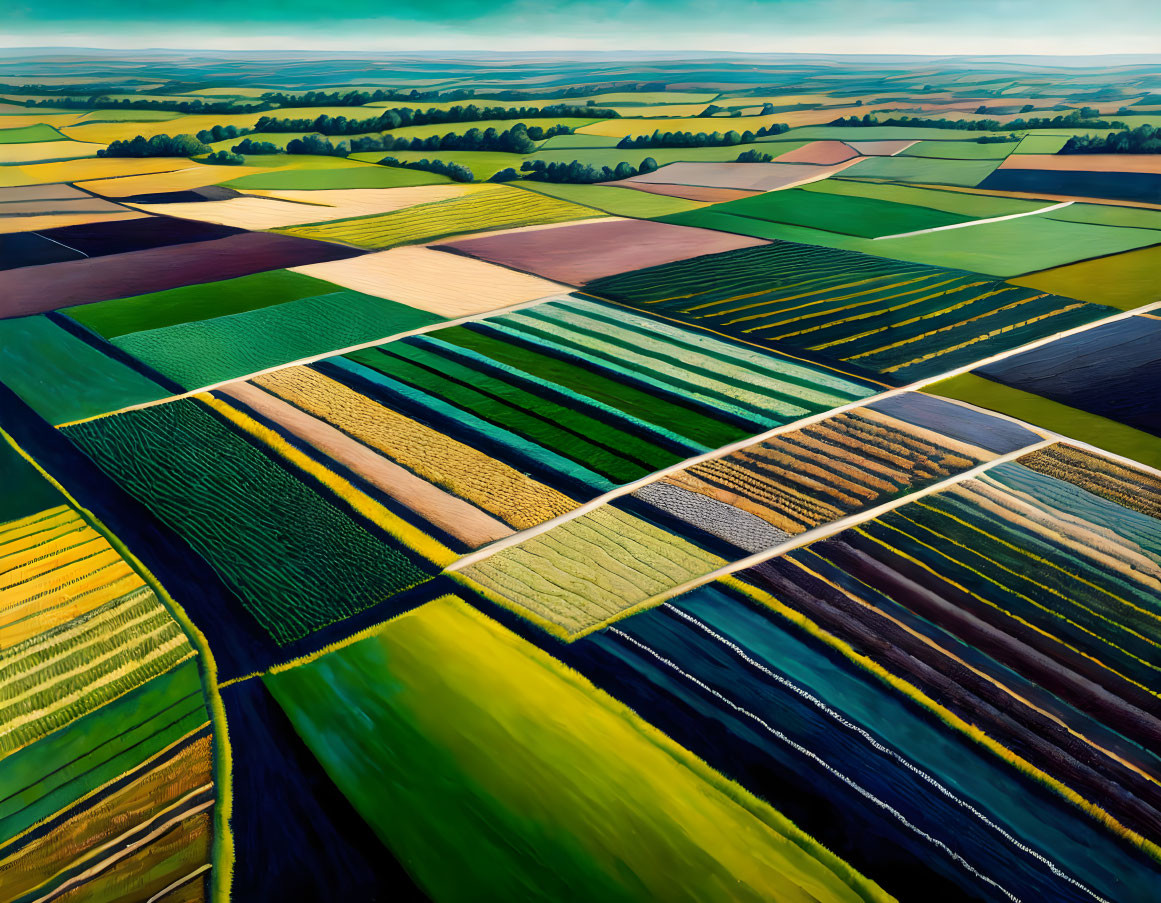 Vibrant patchwork farmland in green, yellow, and brown tones