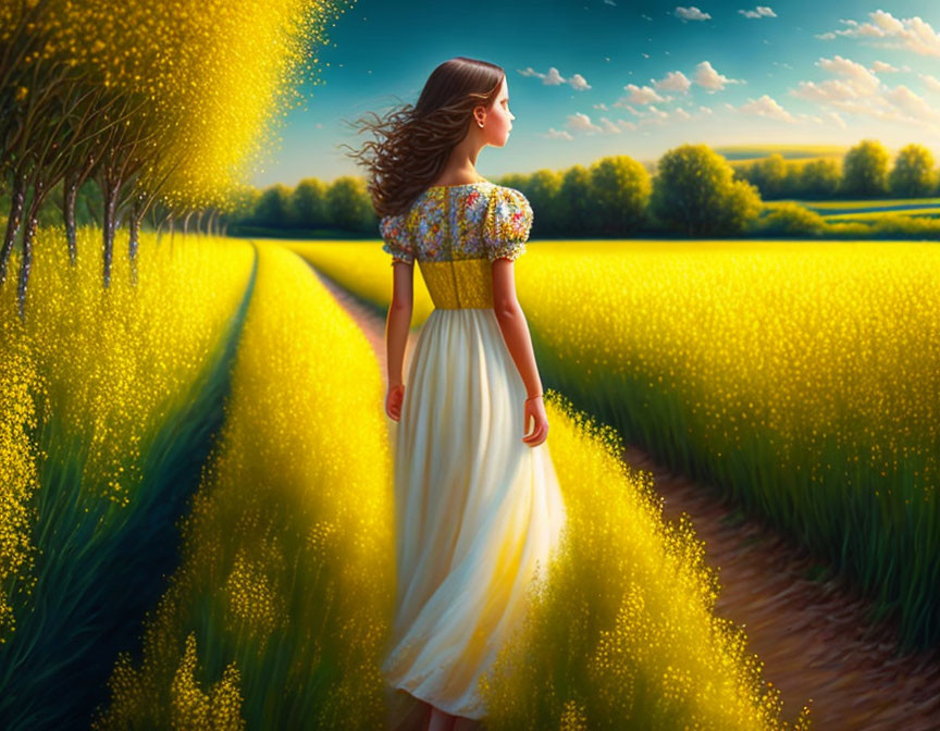 Woman walking in vibrant yellow flower field under blue sky