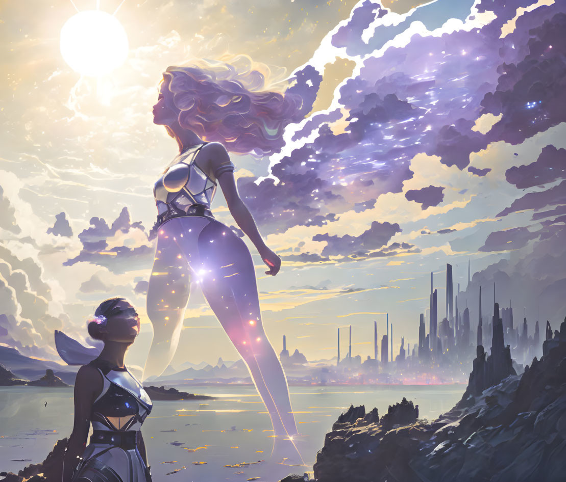 Stylized women in front of futuristic city under dramatic sky with bright sun.