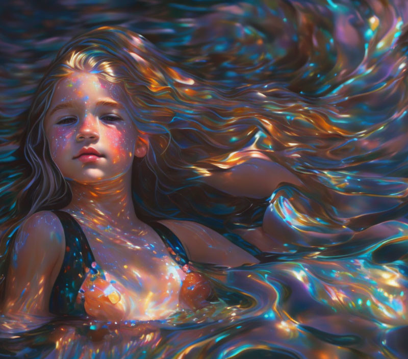 Young Girl Floating in Colorful Rippling Water