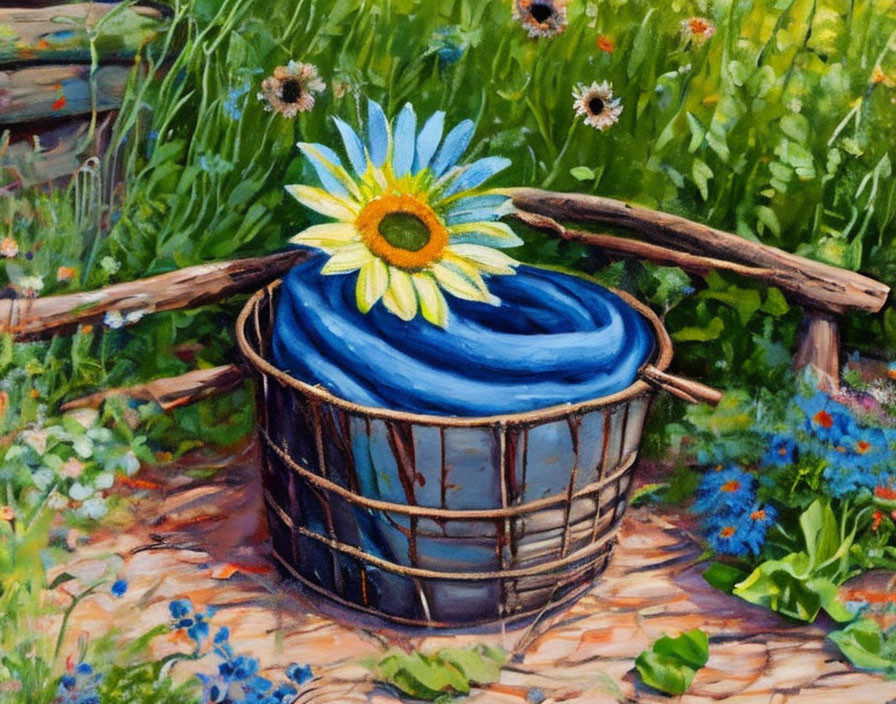 Colorful painting: Blue hose in metal basket with sunflower, surrounded by greenery and wildflowers