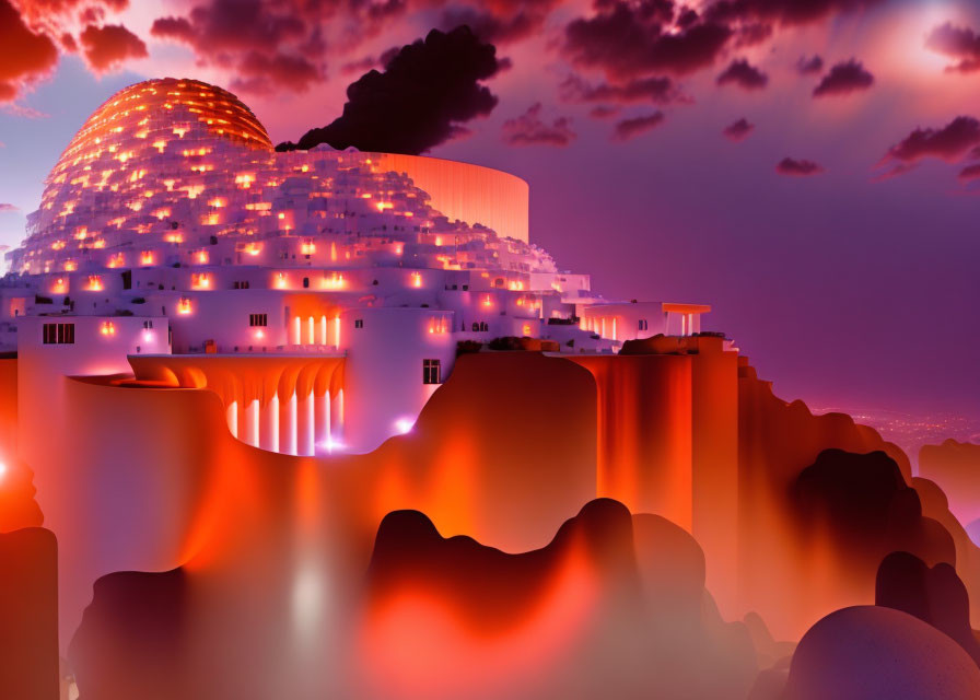 Futuristic dome-shaped building on rugged cliffs at twilight