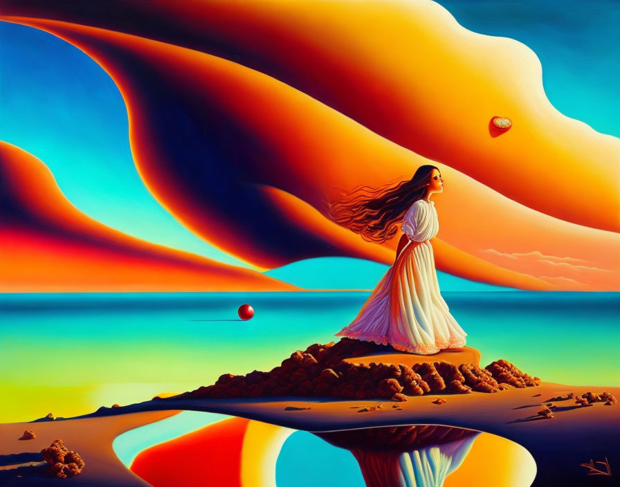 Surreal painting of woman in flowing dress by reflective shoreline