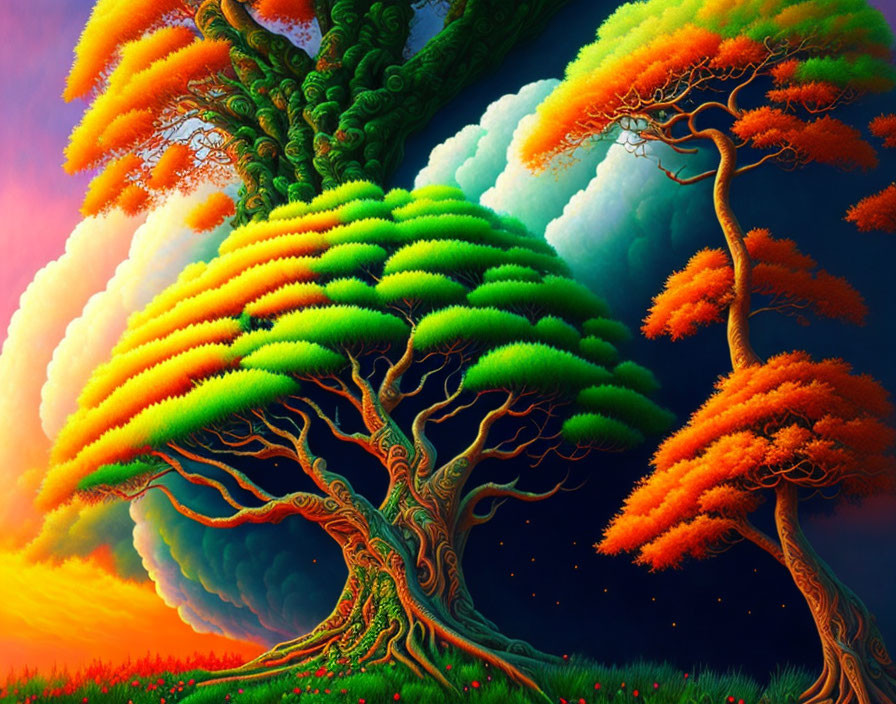 Vibrant surreal landscape with multilayered trees under starry sky