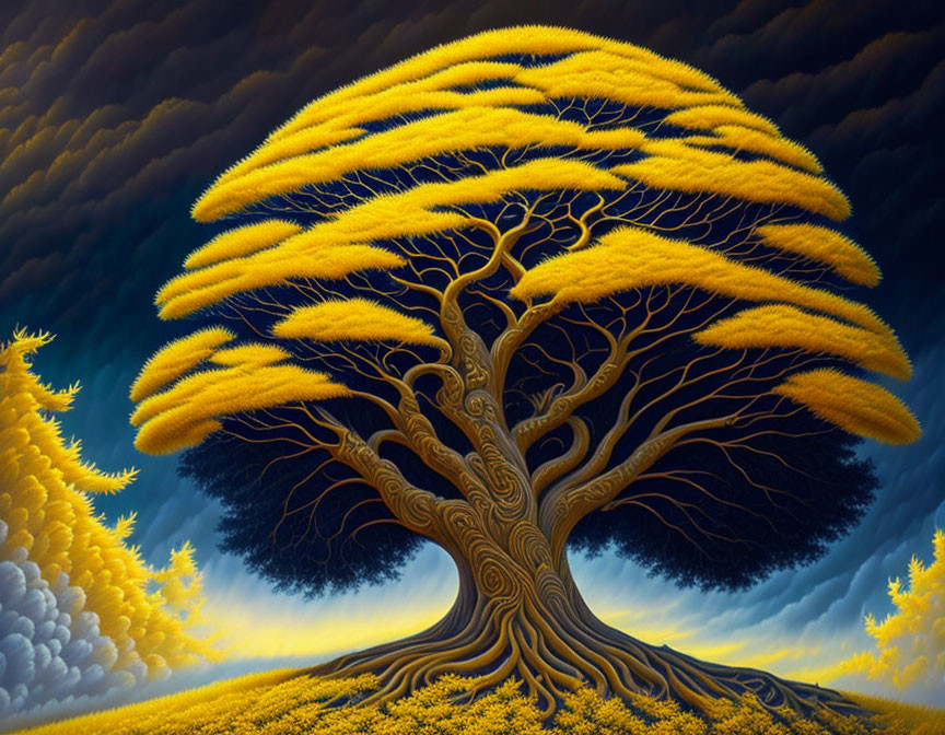 Colorful surreal painting of golden tree with yellow foliage and blue clouds