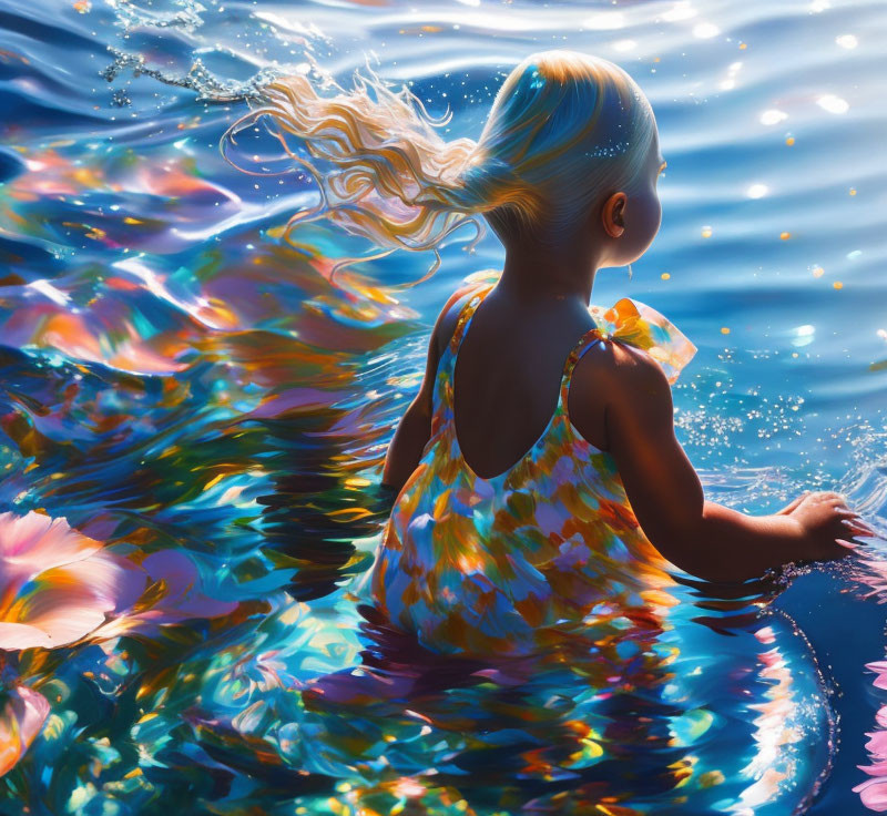 Blonde child in colorful dress by sparkling water with reflective light effect