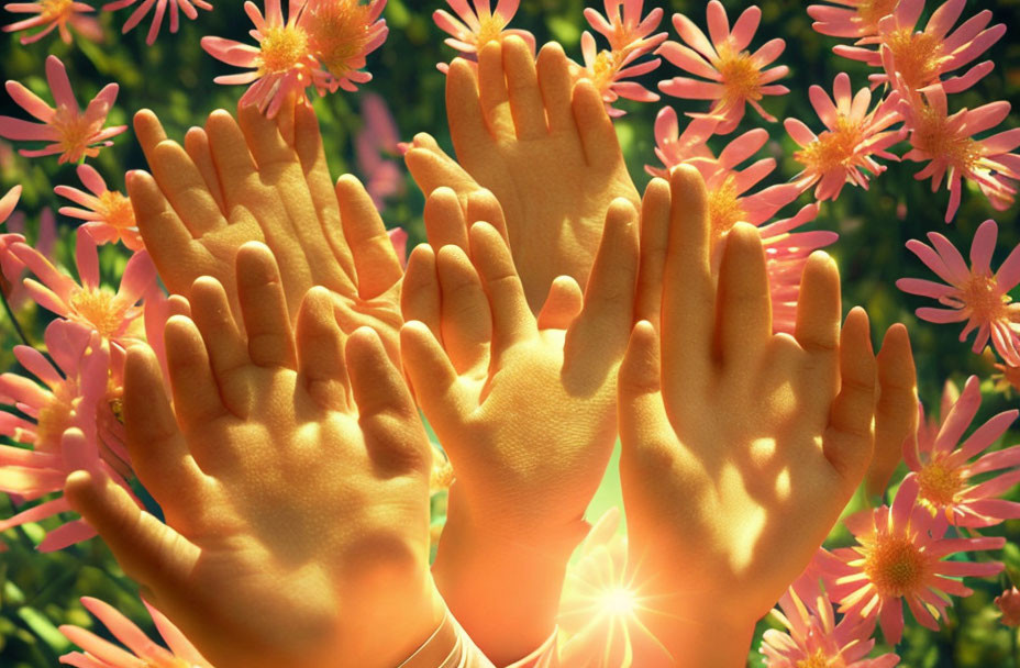 Hands open in front of sunny backdrop with pink flowers and green foliage