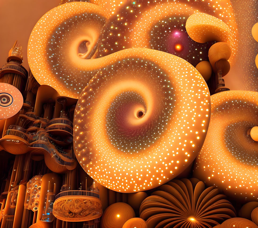 3D fractal landscape with glowing spirals and bronze-like structures