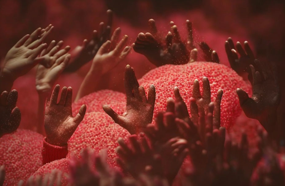 Multiple hands reaching red spheres in dim, crimson-lit setting