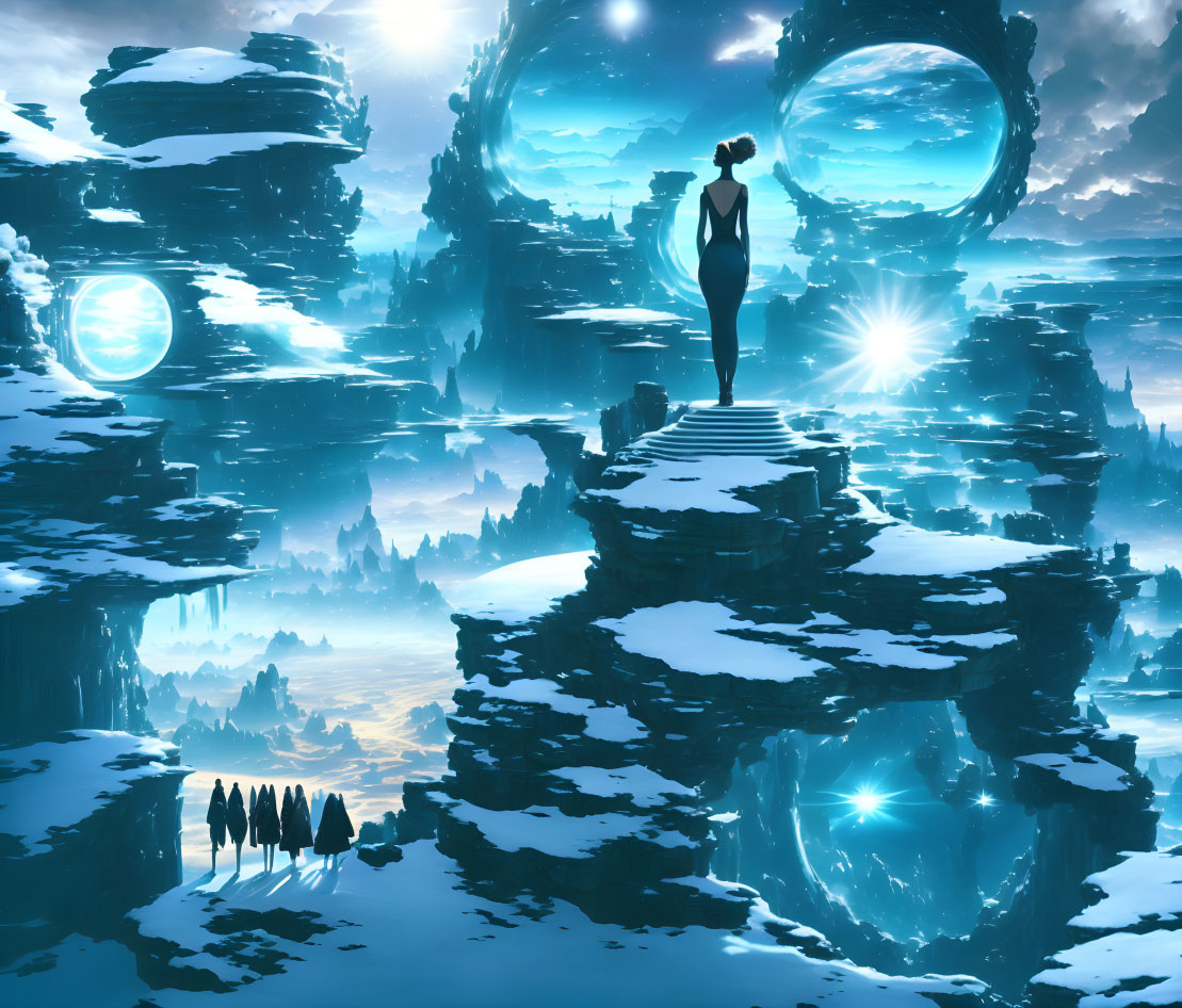 Person on Icy Stairs Surrounded by Snow-Covered Rocks, Portals, and Cele