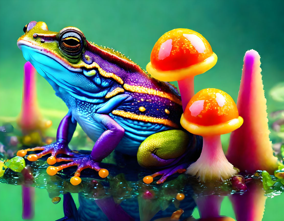 Colorful Frog with Purple and Blue Hues and Orange Mushrooms on Green Background