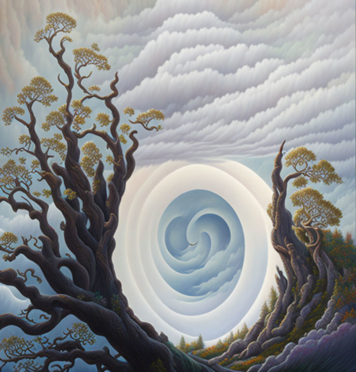 Twisted tree surreal painting with swirling sky and serene color palette