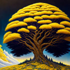 Colorful surreal painting of golden tree with yellow foliage and blue clouds