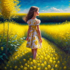 Woman walking in vibrant yellow flower field under blue sky