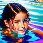 Digital illustration: Young girl with dark hair and freckles smiling in vibrant blue water.