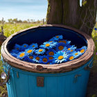 Blue Barrel Floating Daisies by Tree and Wildflowers