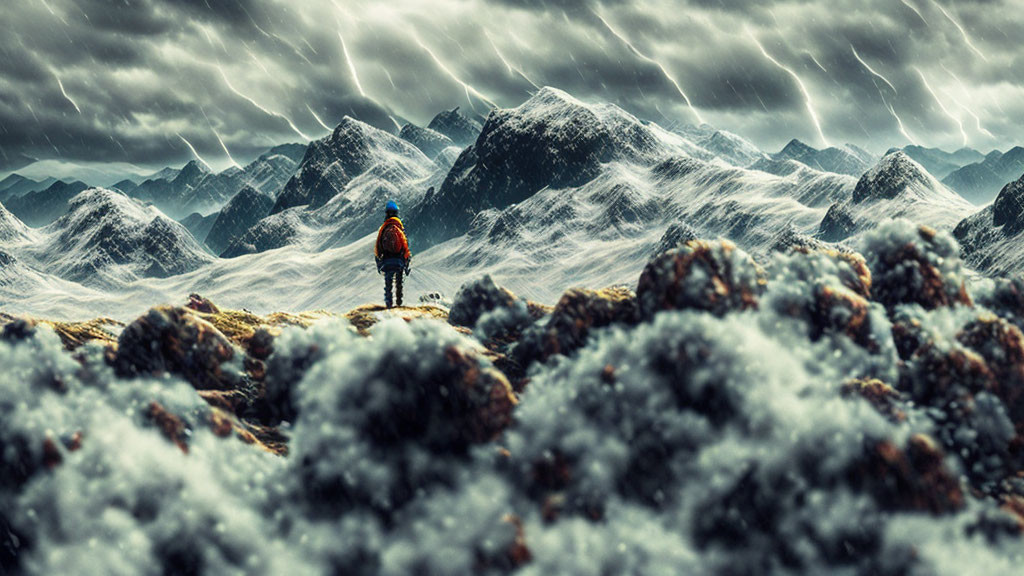 Person standing before rugged snowy mountains under stormy sky