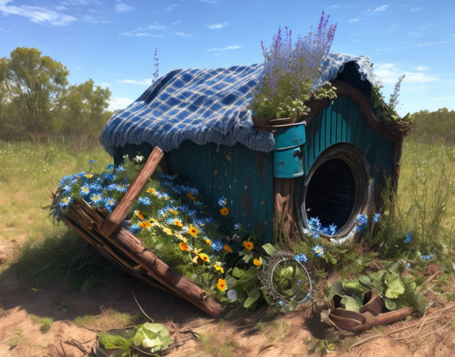 Wooden Barrel House with Blue Checkered Roof in Flower-Strewn Field