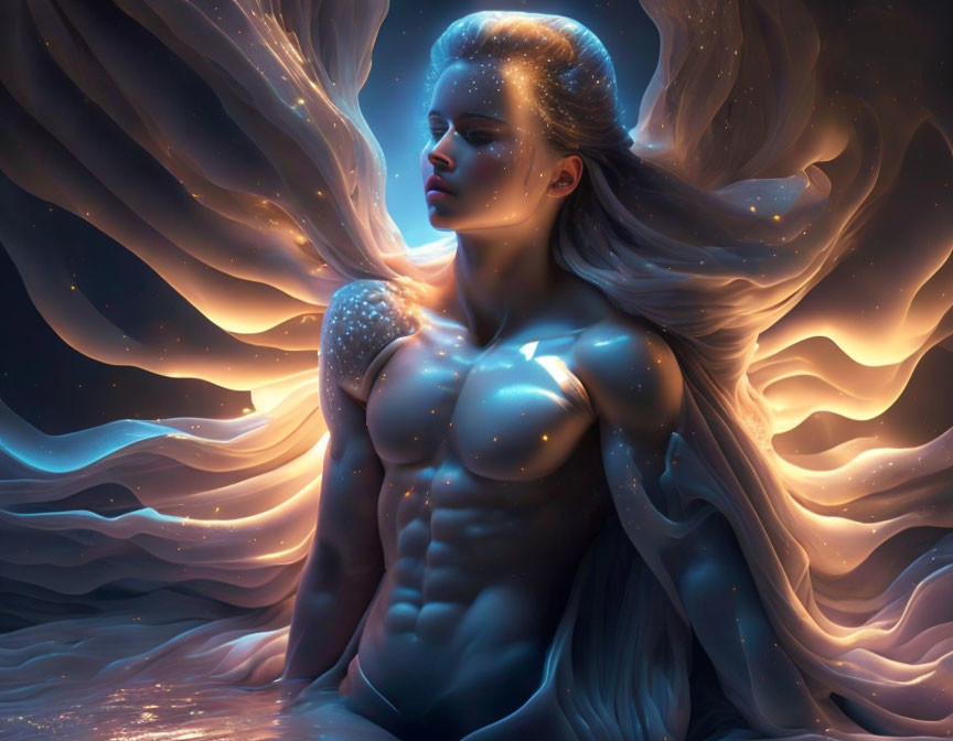 Celestial-themed digital artwork of a glowing woman blending into cosmic backdrop