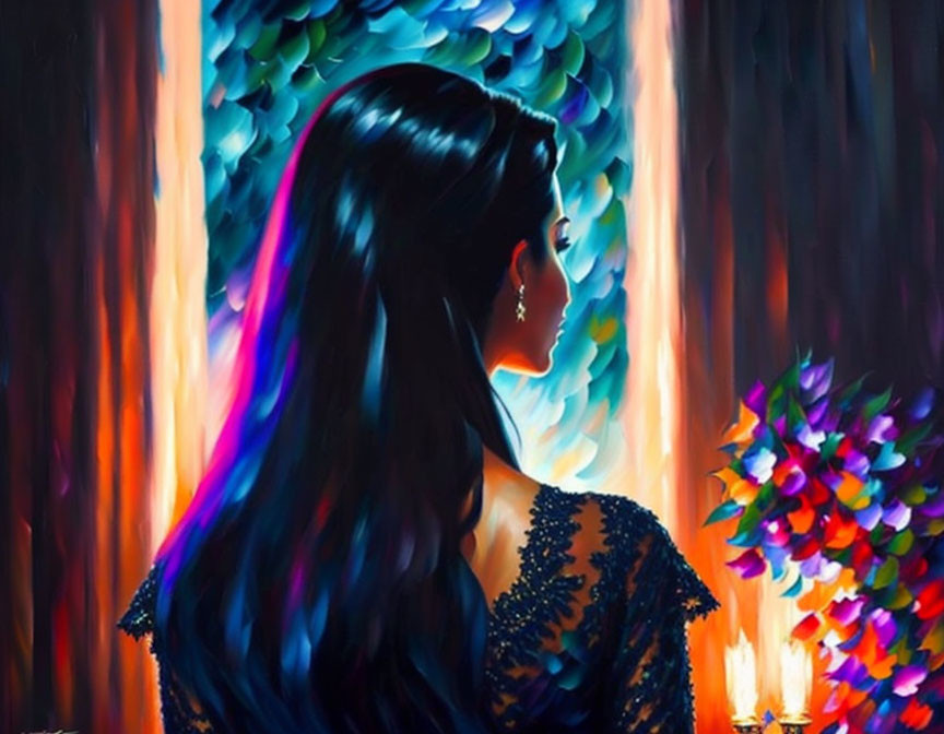 Colorful Abstract Painting: Woman with Long Hair in Profile