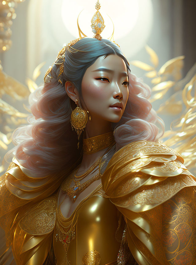 Regal queen in golden robes and jewelry, exuding elegance