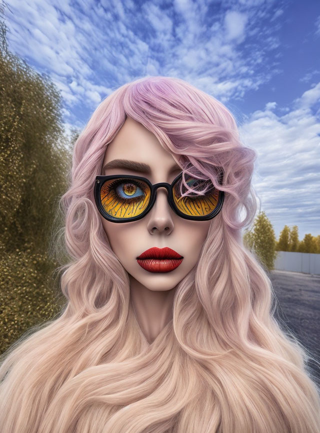 Digital illustration of woman with pastel pink hair, amber eyes, glasses, red lipstick, in nature