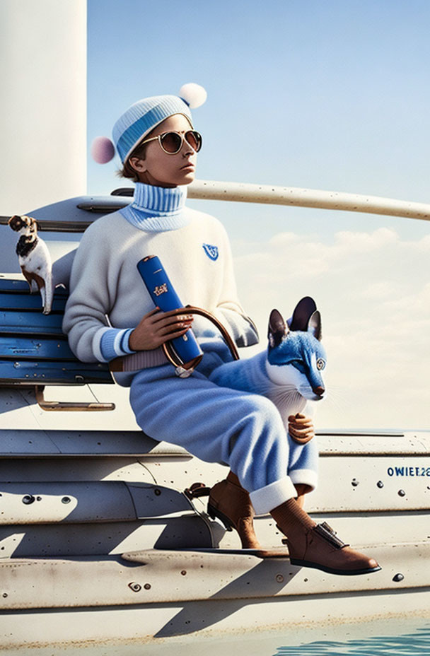 Person in white outfit with blue emblem, hat, and sunglasses sits with Siamese cat, blue