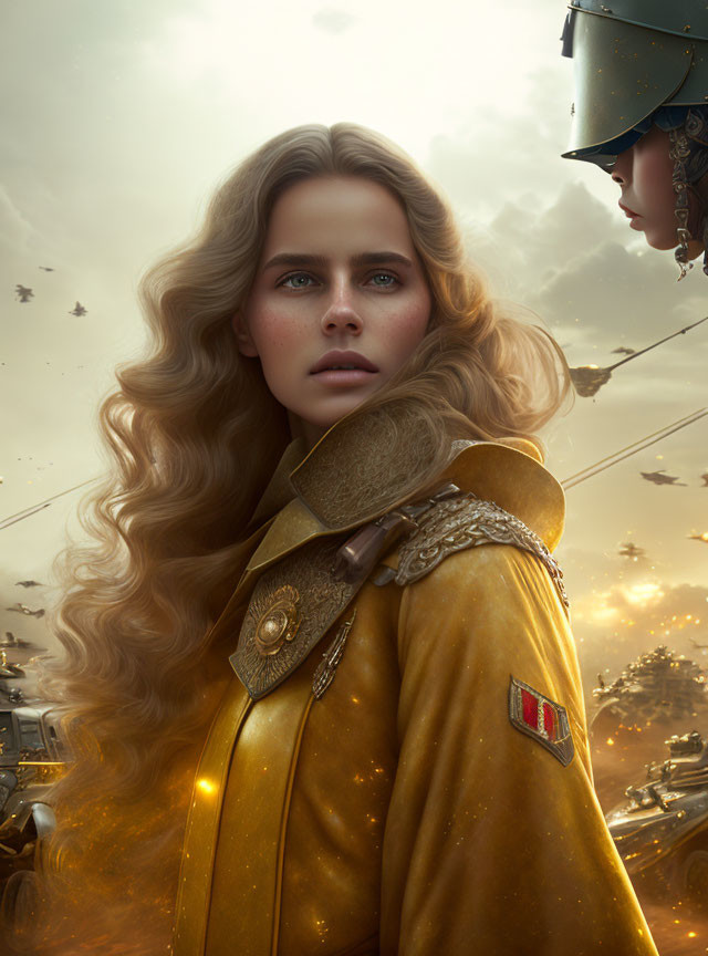 Digital artwork of woman with blonde hair in gold armor on battlefield