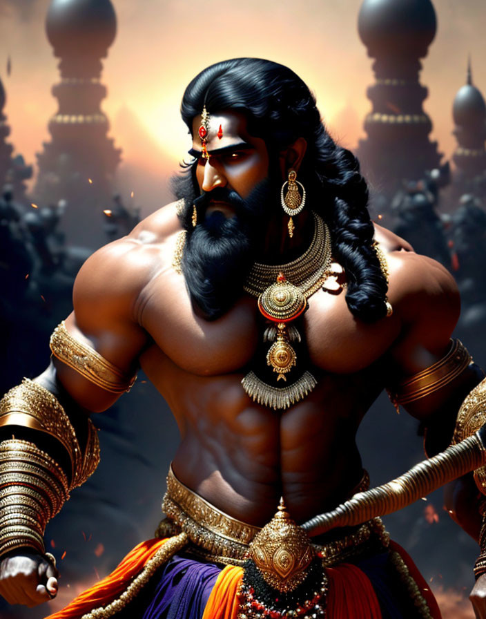 Muscular man in traditional Indian attire with temples background.