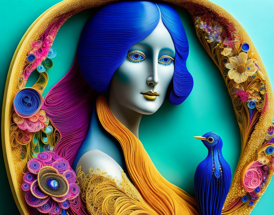 Colorful digital artwork of a blue-skinned woman with intricate paper quilling designs.