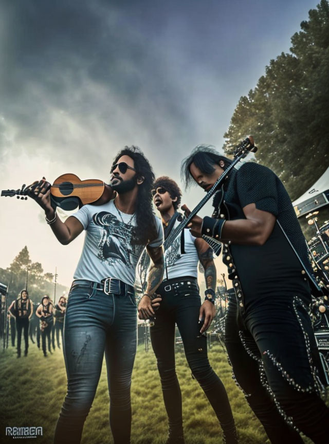 Three musicians on stage with guitars under a dusk sky, one holding an acoustic guitar aloft