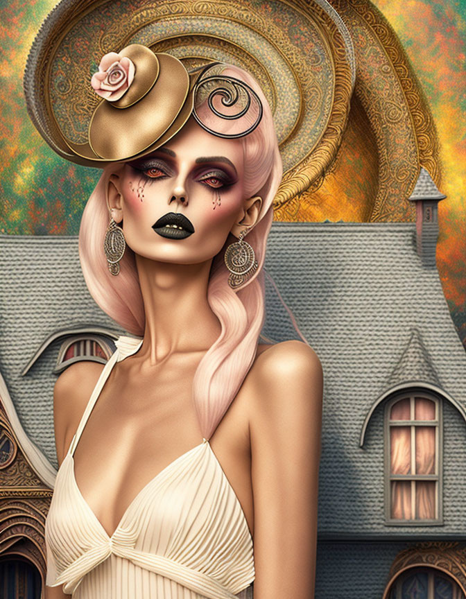 Illustration of woman with pink hair, golden headgear, dramatic makeup, in fantasy architecture setting