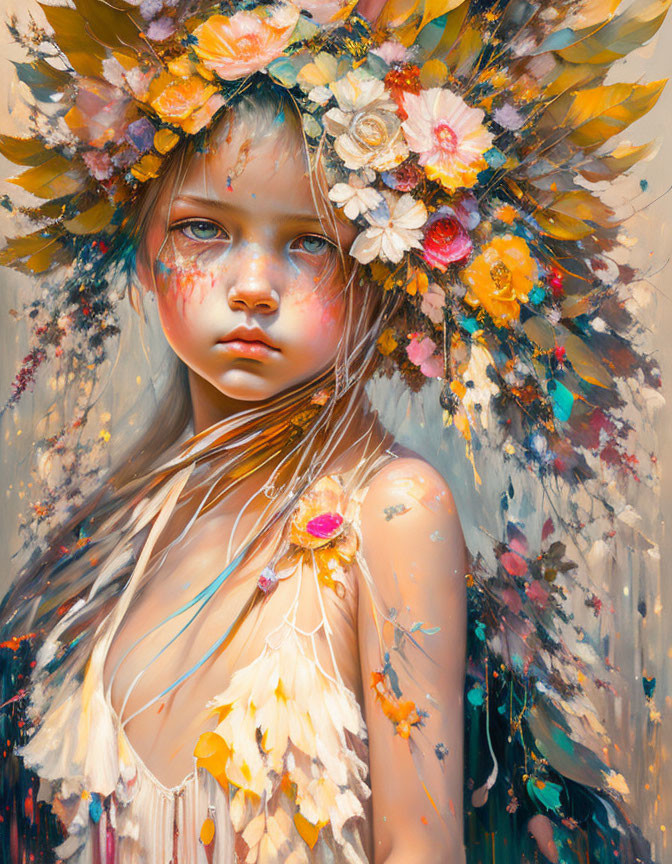 Whimsical floral crown painting of young girl in vibrant colors