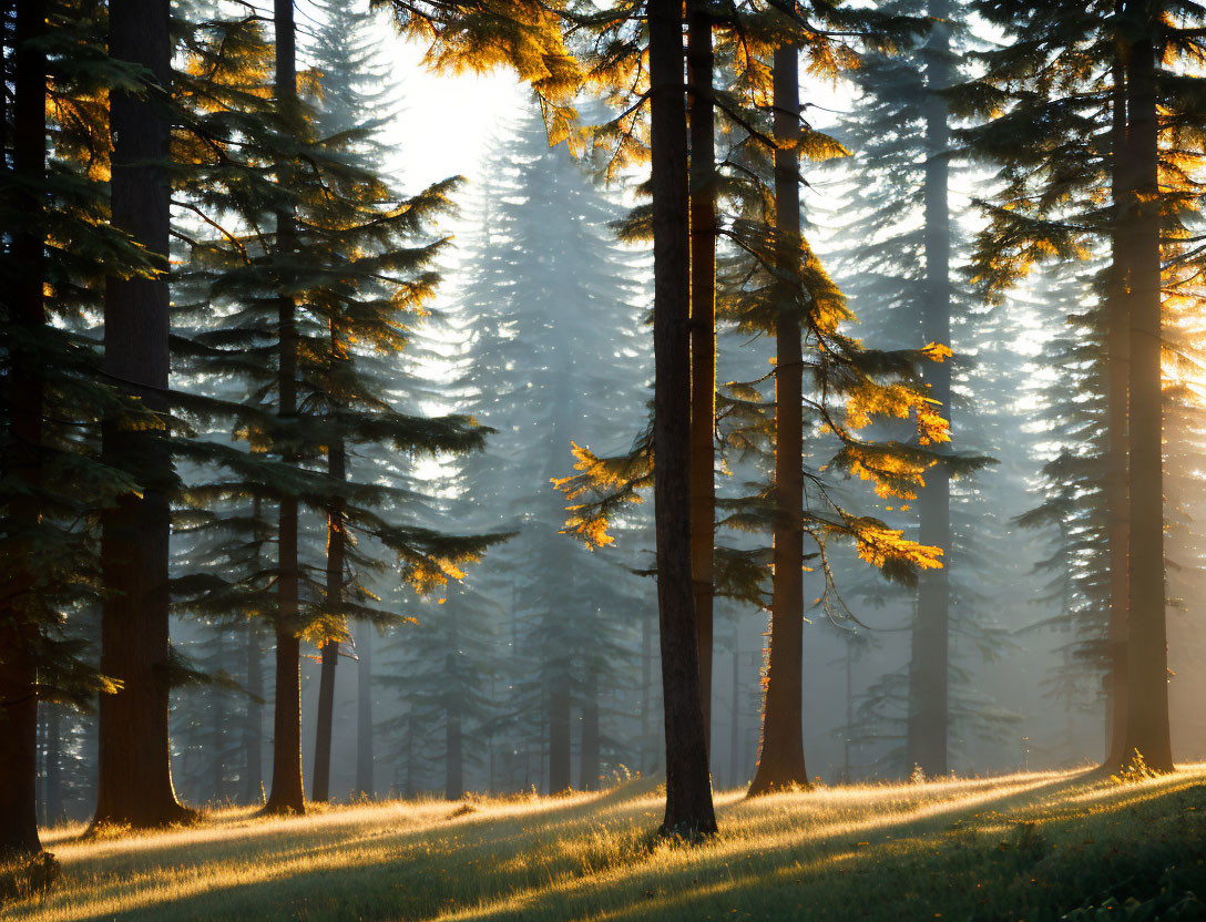 Misty forest with sunlight filtering through pine trees