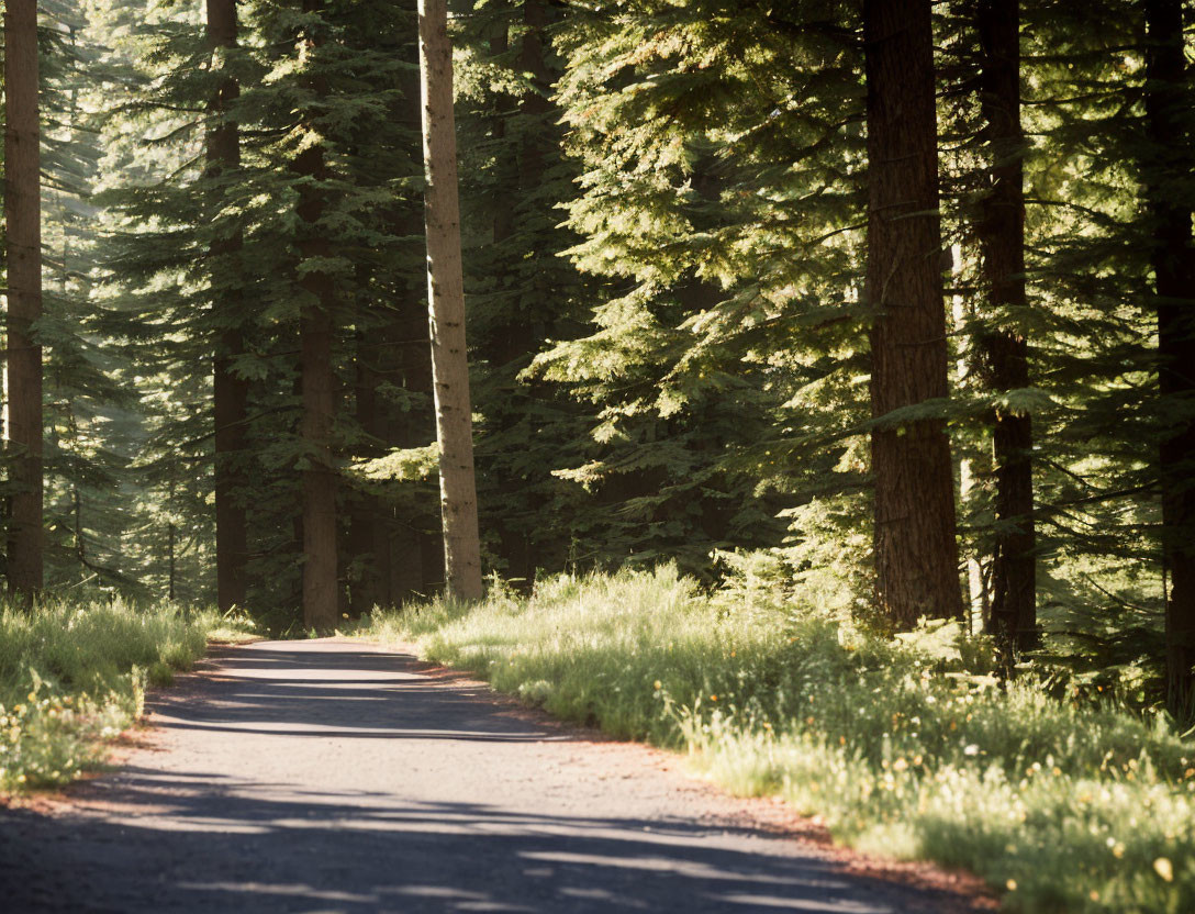 Tranquil Forest Path with Tall Pine Trees