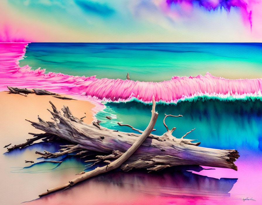 Digitally altered beach scene with iridescent sky and neon pink waves