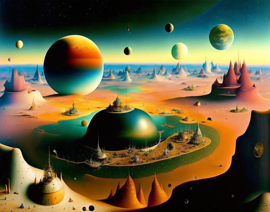 Vibrant alien terrain with floating islands and domed structures