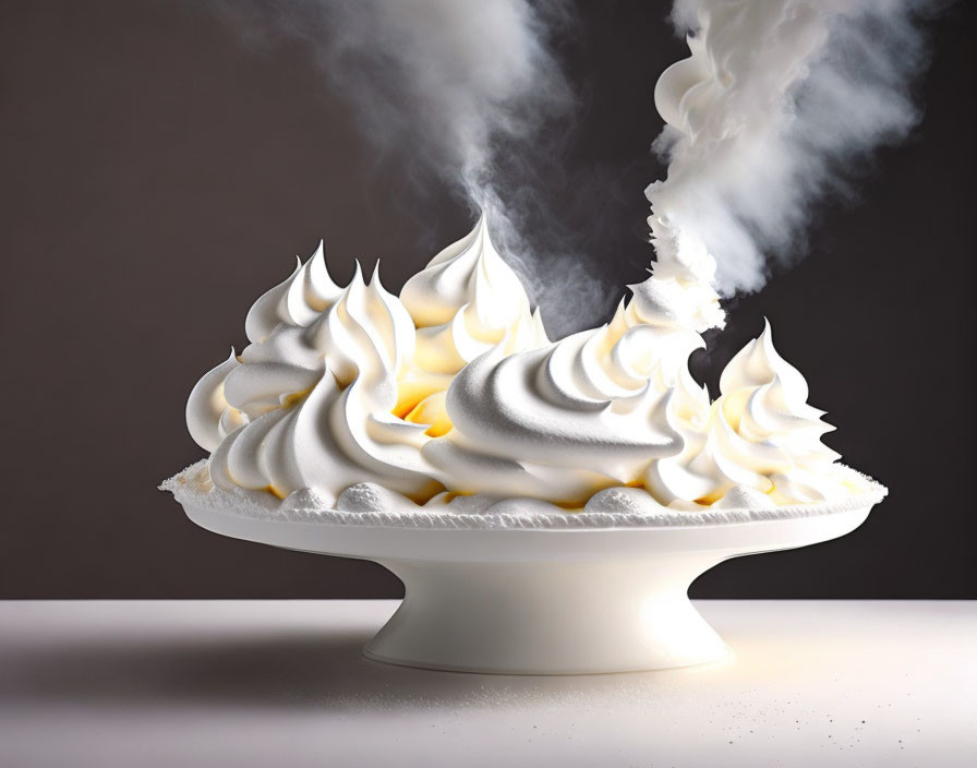 Whimsical meringue pie on pedestal with smoky peaks on dual-toned background