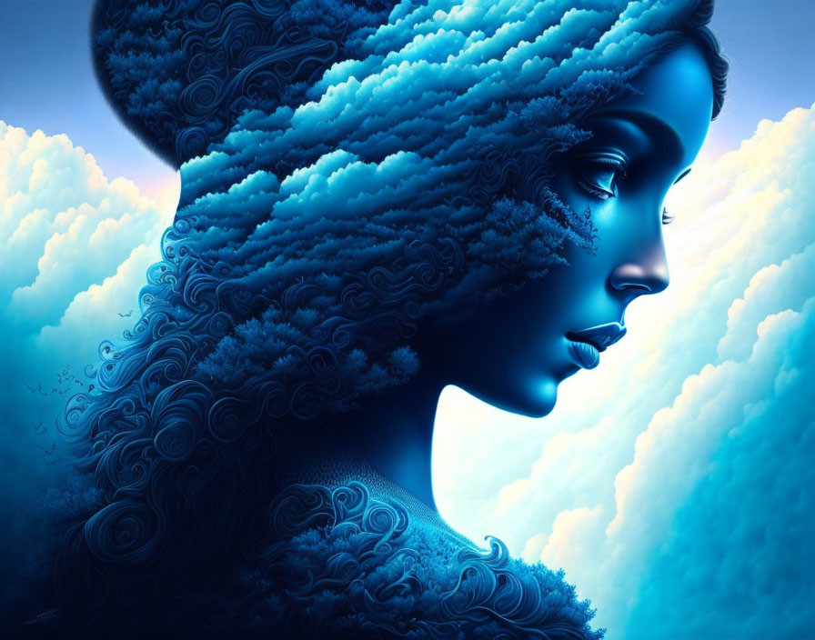 Stylized blue woman profile blending with clouds on blue sky