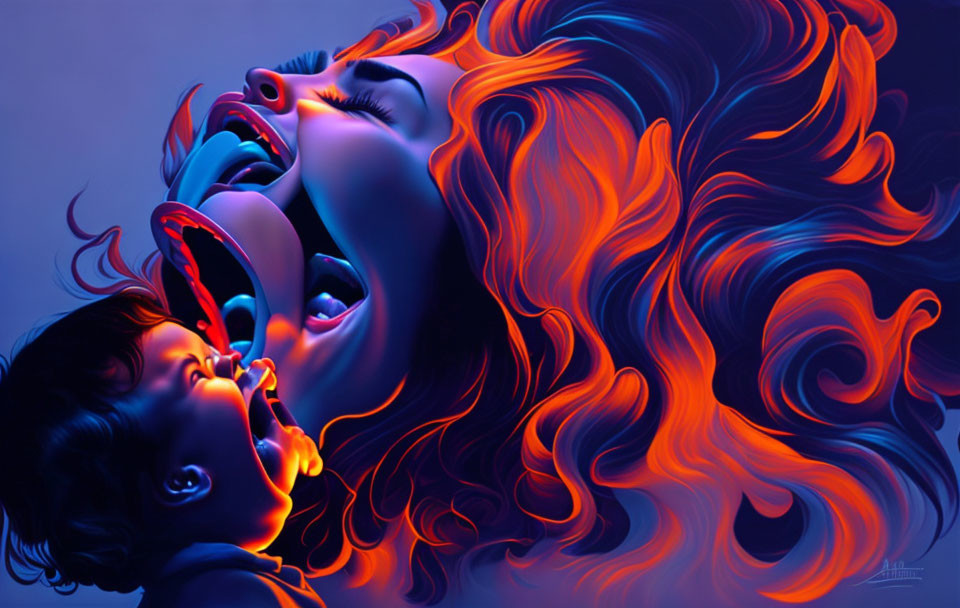 Digital artwork of three figures in cascading pose with red and blue hair, showcasing deep connection.