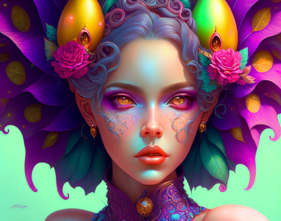 Vibrant digital fantasy art: female figure with purple hair, gold details, glowing eyes.