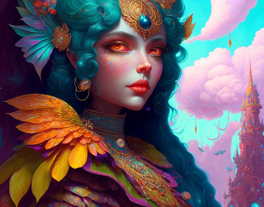 Colorful portrait of fantastical female figure with turquoise hair and ornate golden jewelry against whimsical sky