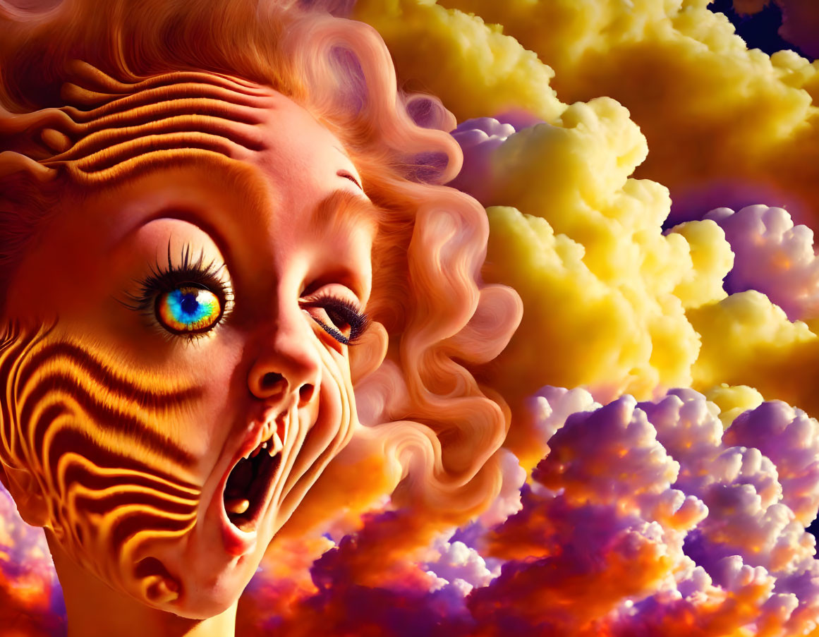 Distorted female face with vibrant orange hues against colorful clouds