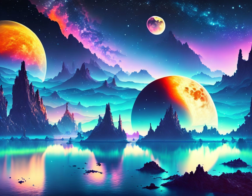 Colorful digital art landscape with neon planets, starry sky, lake, and rocks.