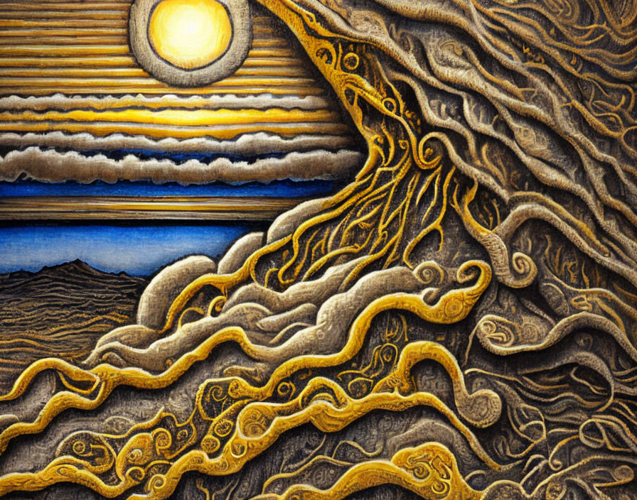 Textured painting of stylized sun, layered landscape, swirling patterns, and intricate tree branches.