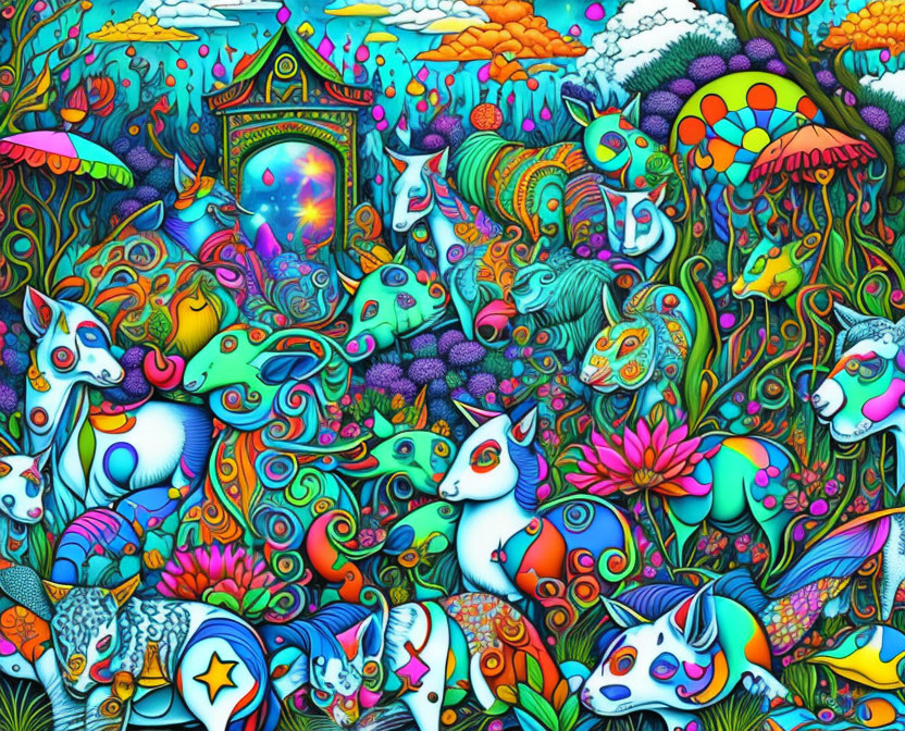 Colorful Psychedelic Illustration with Fantastical Creatures and Abstract Patterns