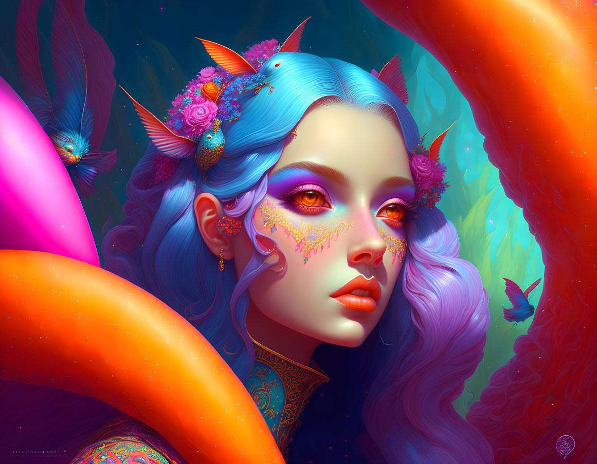 Detailed illustration: Woman with blue hair, flowers, birds, vibrant makeup, whimsical, colorful background