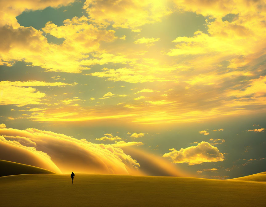 Person Walking Across Sand Dunes Under Dramatic Sky