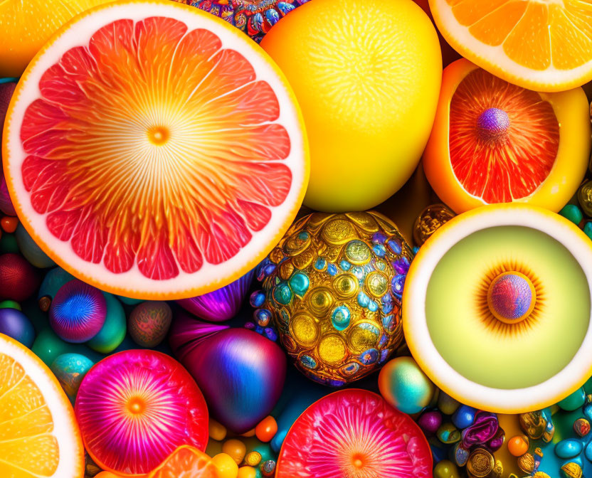 Colorful Citrus Fruits and Patterned Spheres Composition